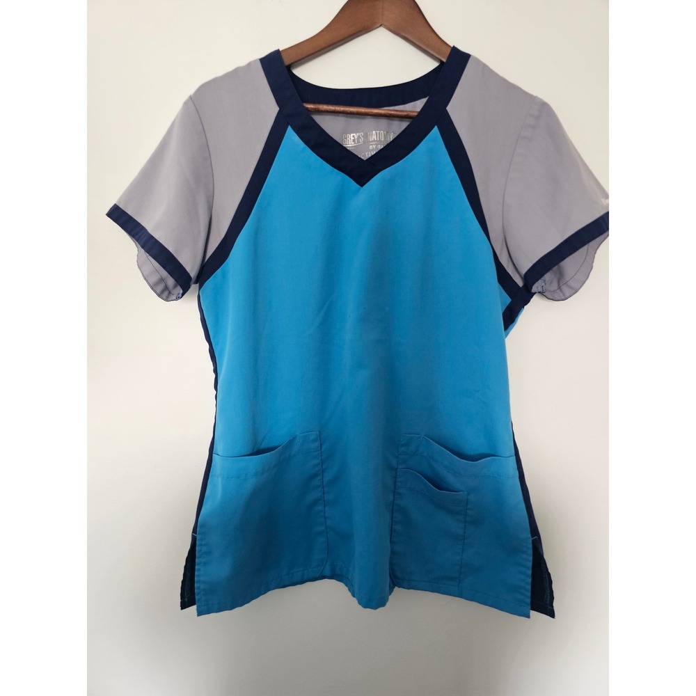 Athletic Greys Anatomy by Barco Scrub Top Women M Blue Grey Active V-Neck Pocket